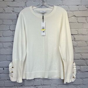 NWT Calvin Klein Crewneck Ruffle Sleeves Sweater Ivory Sz M